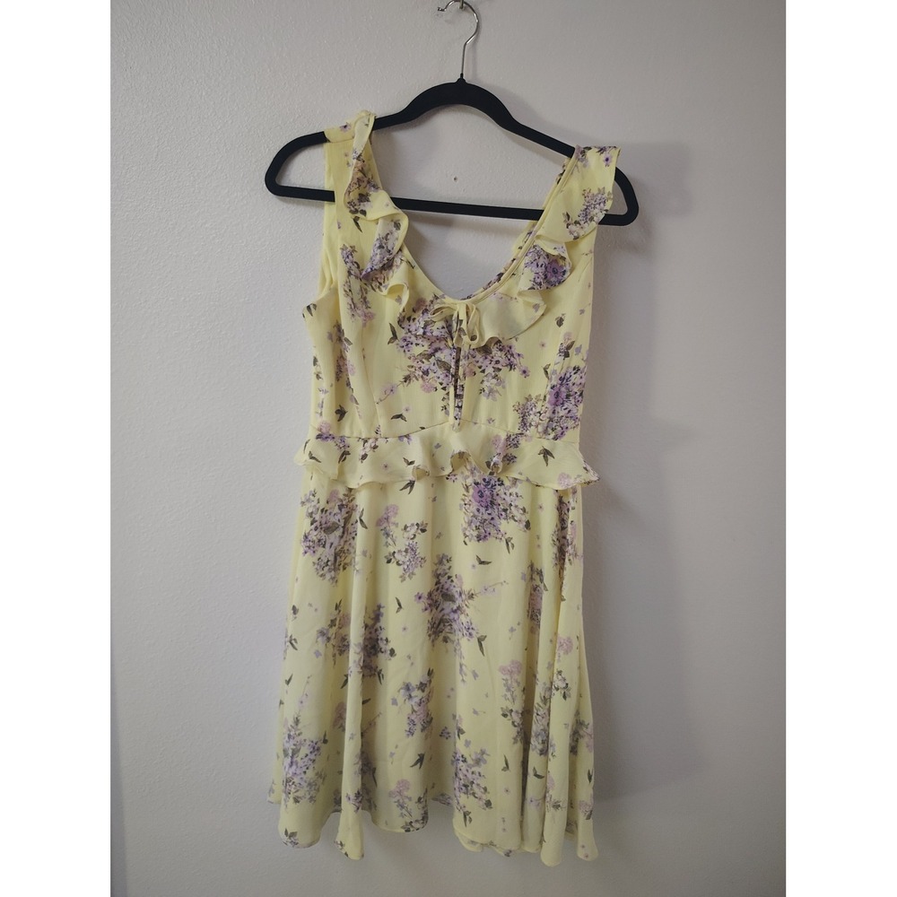 GB Yellow Floral Ruffle Chiffon Mini‎ Dress Sleeveless V-Neck Tie Front Medium